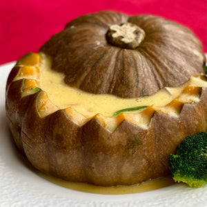 Assorted Seafood with Cheese in a Pumpkin Bowl